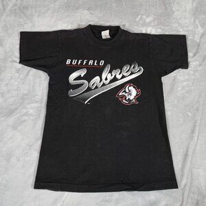 Vintage Buffalo Sabres Hockey NHL T Shirt Mens M Slim Fit 1990s Faded Black